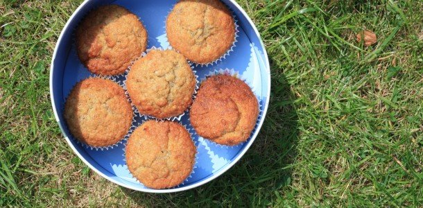 banana and custard cupcakes on the grass
