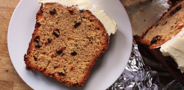 fruit cake with brandy butter icing slice