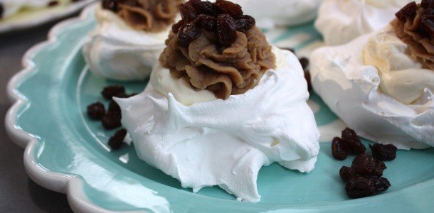 mini festive pavlovas with chestnut puree and brandy raisins