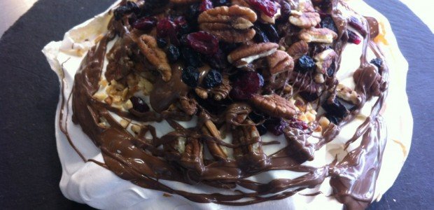Chocolate, fruit and nut pavlova