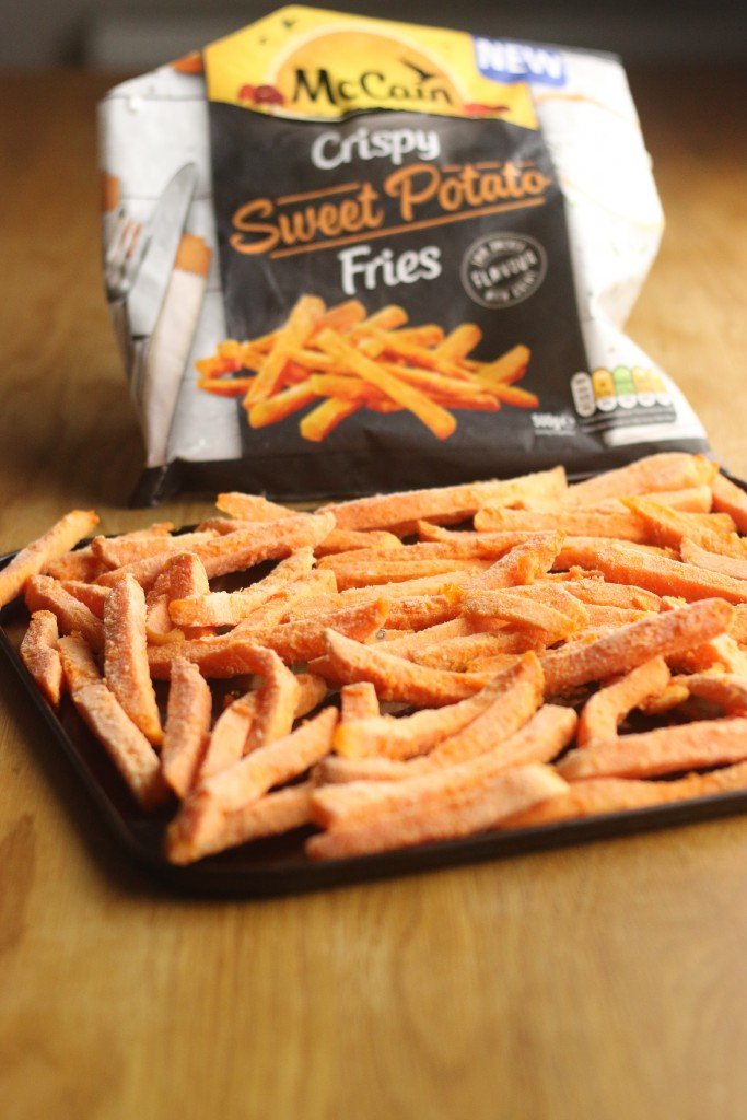 13 sweet pot fries frozen on tray with bag