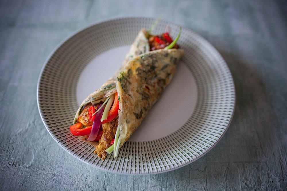 Coriander egg pancake rolls and baked satay chicken Recipes from a
